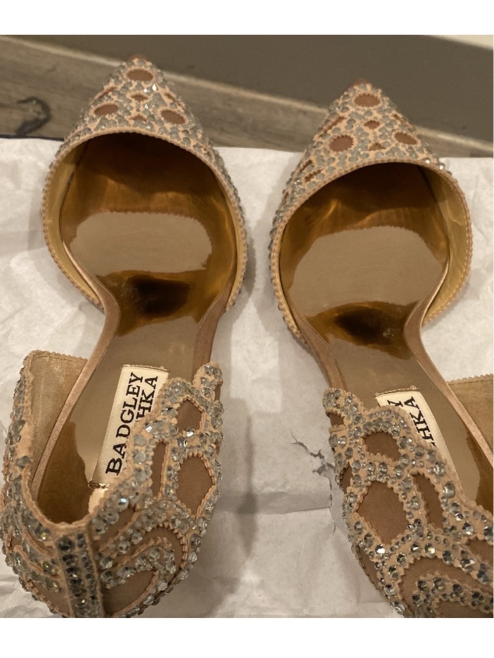 Badgley Mischka Nude Crystal Embellished Pointed Toe Heels - Picture 4 of 11